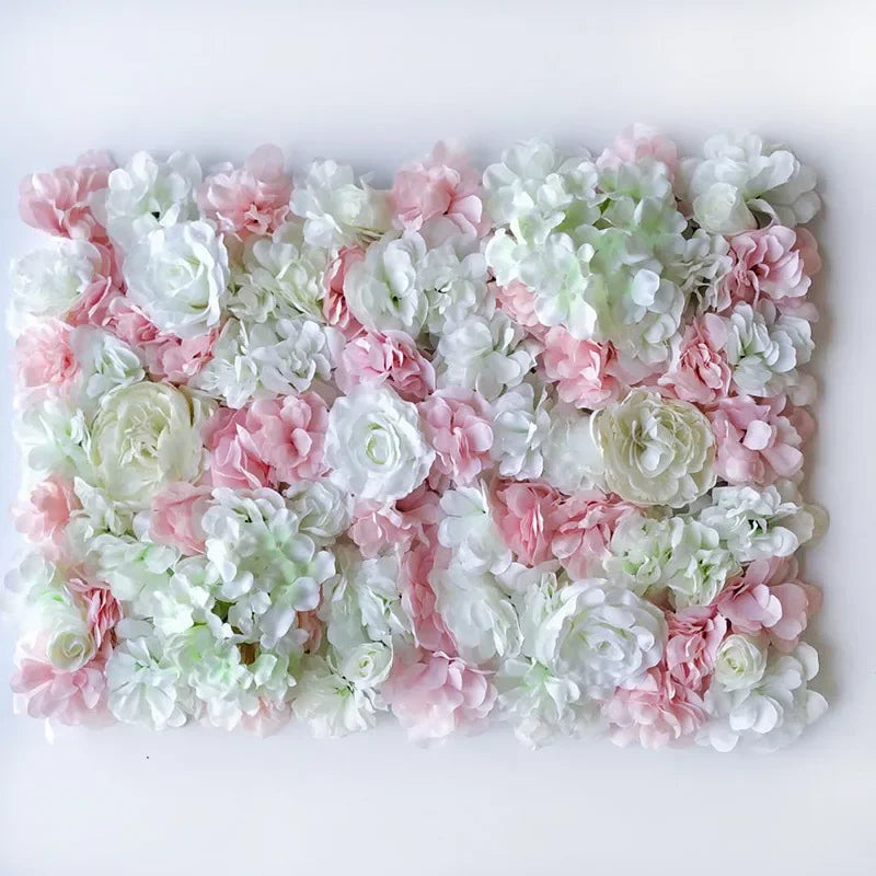 Mur de Fleurs Artificielles, coloris blanc, rose pâle et vert d'eau