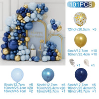 Kit Guirlande Arche de Ballons Bleu, bleu pastel, bleu métallisé, bleu marine et or avec confettis, 101 pièces