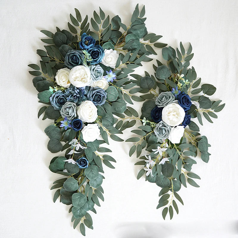 Fleurs et Voilages pour Arche de Mariage, paire de compositions, bleu poudré, marine et blanc