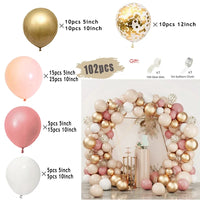 Kit Arche de Ballons Rose Poudré et Nude, 96 à 182 Pièces, or, pêche, vieux rose et blanc avec confettis dorés, 102 pièces
