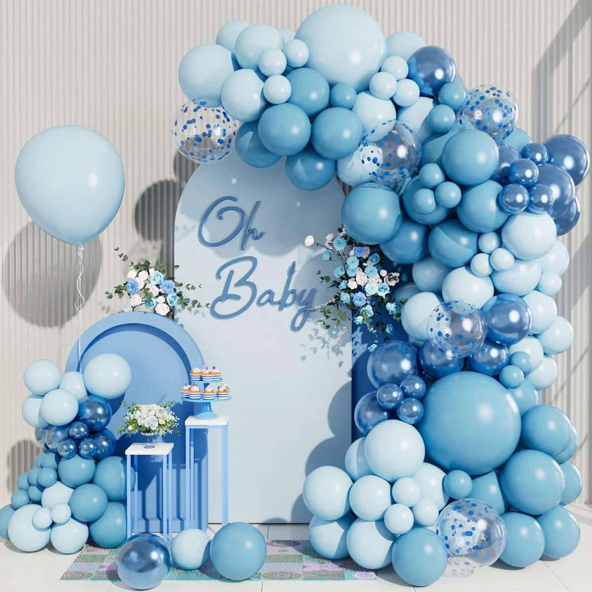 Kit Arche de Ballons Bleu Ciel et Bleu Roi, 84 Pièces, vue d'ensemble