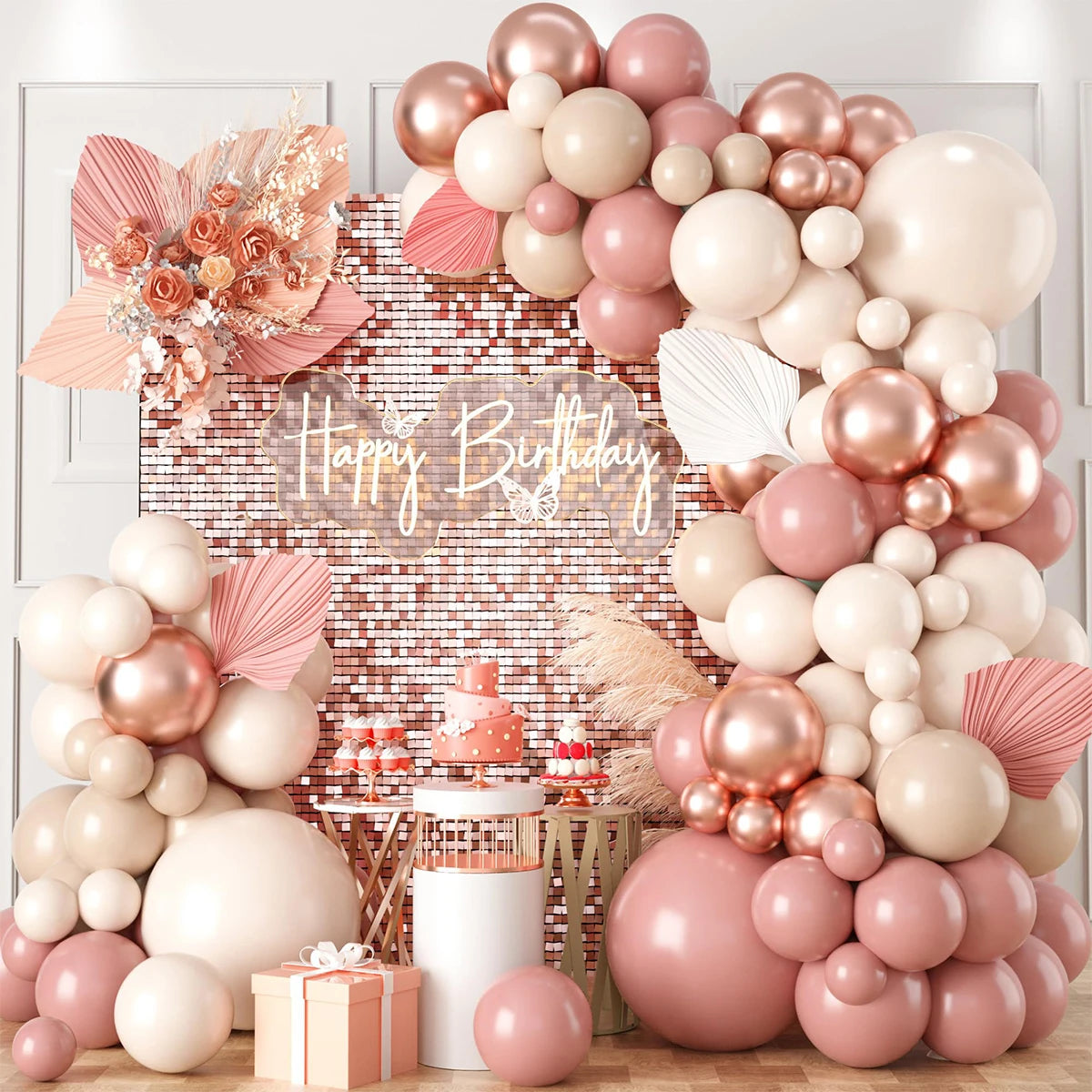 Kit Arche de Ballons Rose Poudré, Pêche et Or, vue d'ensemble
