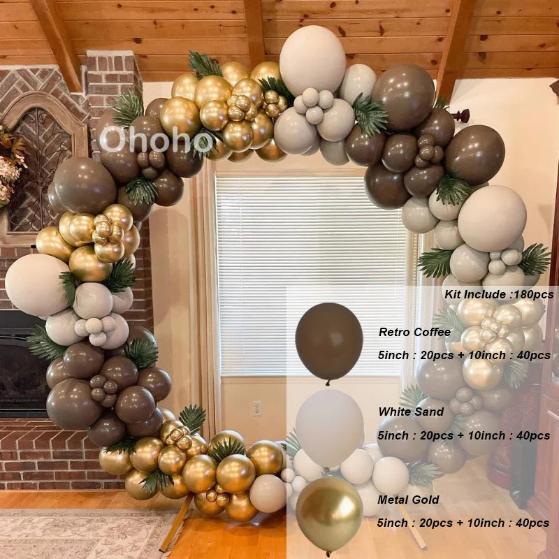 Kit Arche de Ballons Blanc Sable et Beige, café, blanc sable et or métallisé, 180 pièces