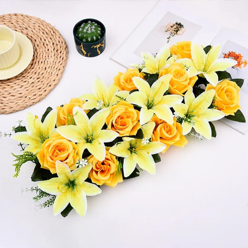 Mur de Fleurs Artificielles, Rangée de Roses et Lys, coloris jaune et orange