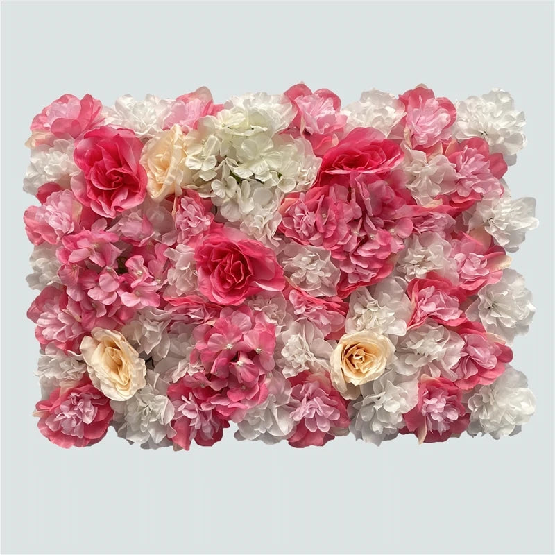Mur de Fleurs Artificielles, Lot de 4 Panneaux 60 × 40 cm, coloris rose vif, pêche et blanc