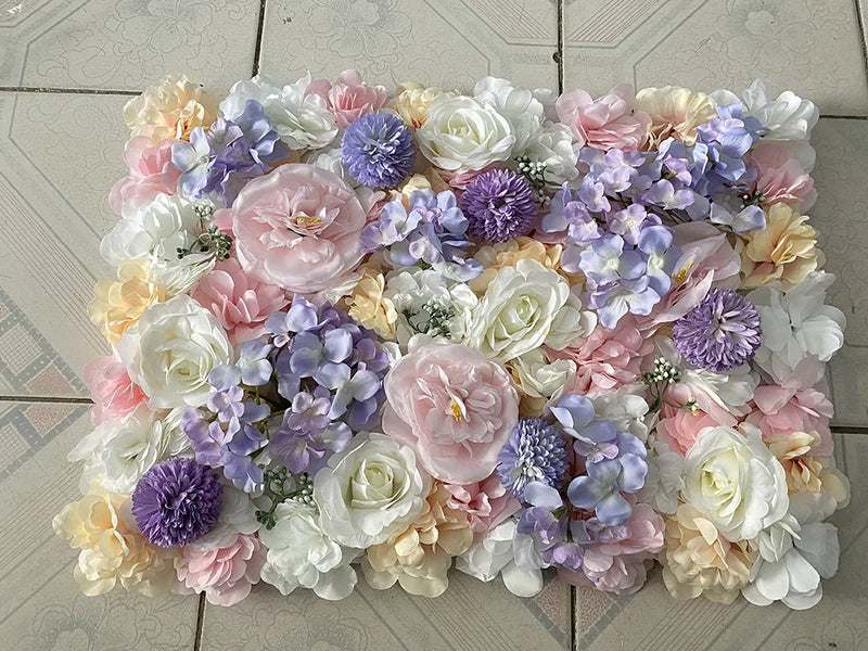 Mur de Fleurs Artificielles, Panneau de Roses 3D 60 × 40 cm, coloris lavande et blanc