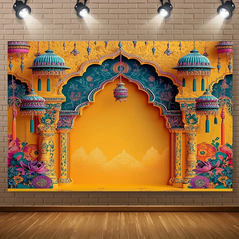 Toile de Fond Mariage Indien Arche Orange et Turquoise, vue d'ensemble