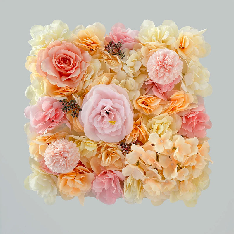 Mur de Fleurs Artificielles, Panneau Carré 35 × 35 cm, coloris pêche, jaune et orange