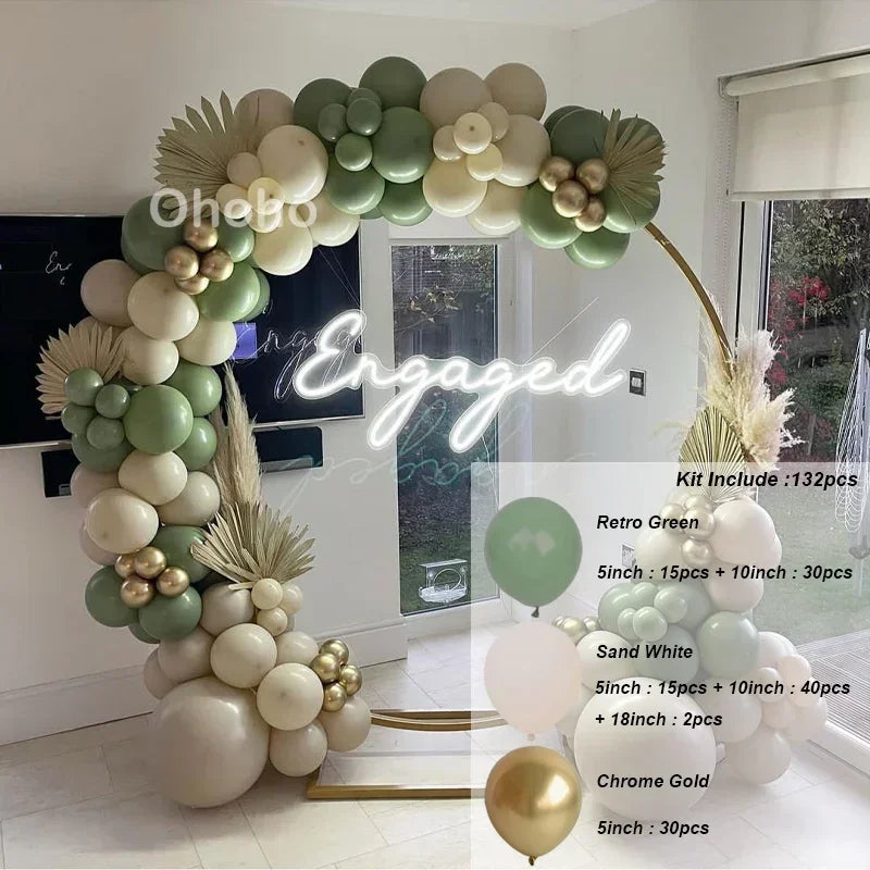 Kit Arche de Ballons Vert Sauge et Sable, vert sauge, blanc sable et or chromé, 132 pièces