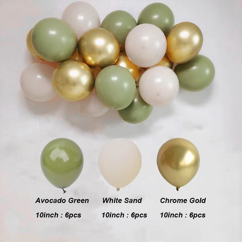 Kit Arche de Ballons Vert Sauge et Sable, vert avocat, blanc sable et or chromé, 18 pièces