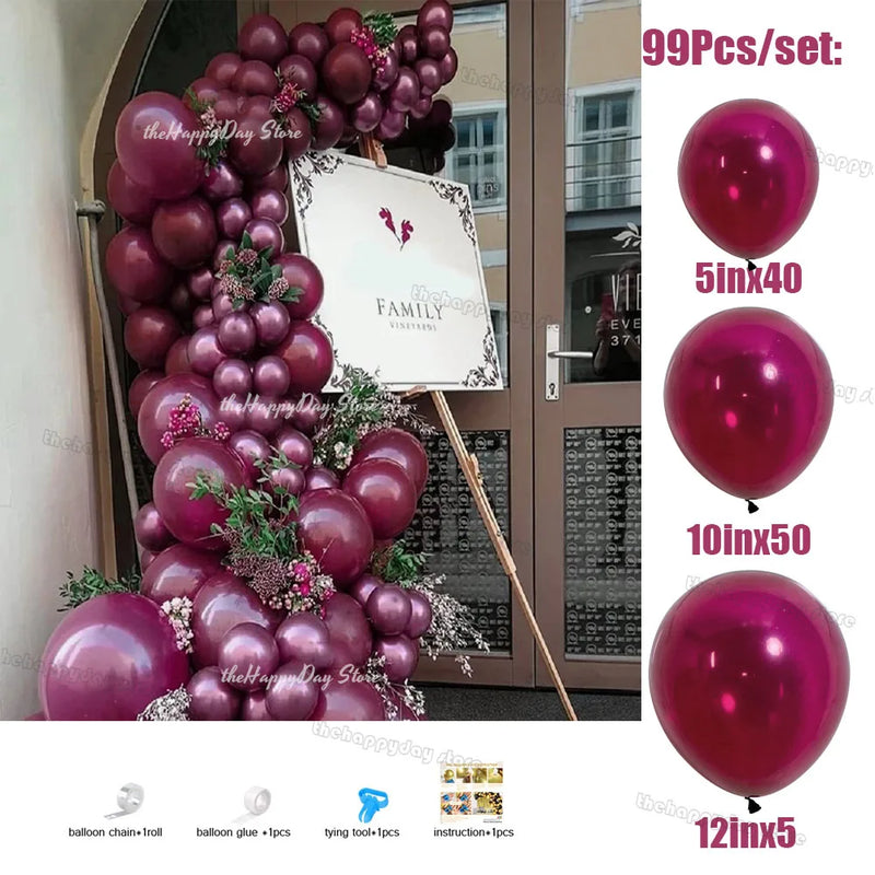 Kit Arche de Ballons Bordeaux et Or, 99 pièces, framboise brillant