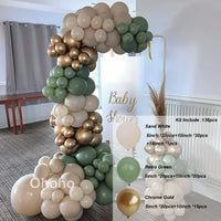 Kit Arche de Ballons Vert Sauge et Sable, vert sauge, blanc sable et or chromé, 136 pièces