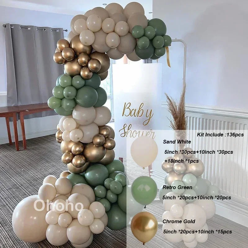 Kit Arche de Ballons Vert Sauge et Sable, vert sauge, blanc sable et or chromé, 136 pièces