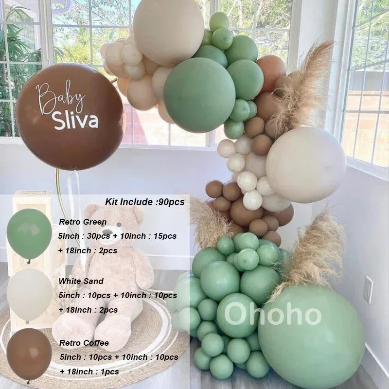 Kit Arche de Ballons Vert Sauge et Sable, vert sauge, blanc sable et café, 90 pièces
