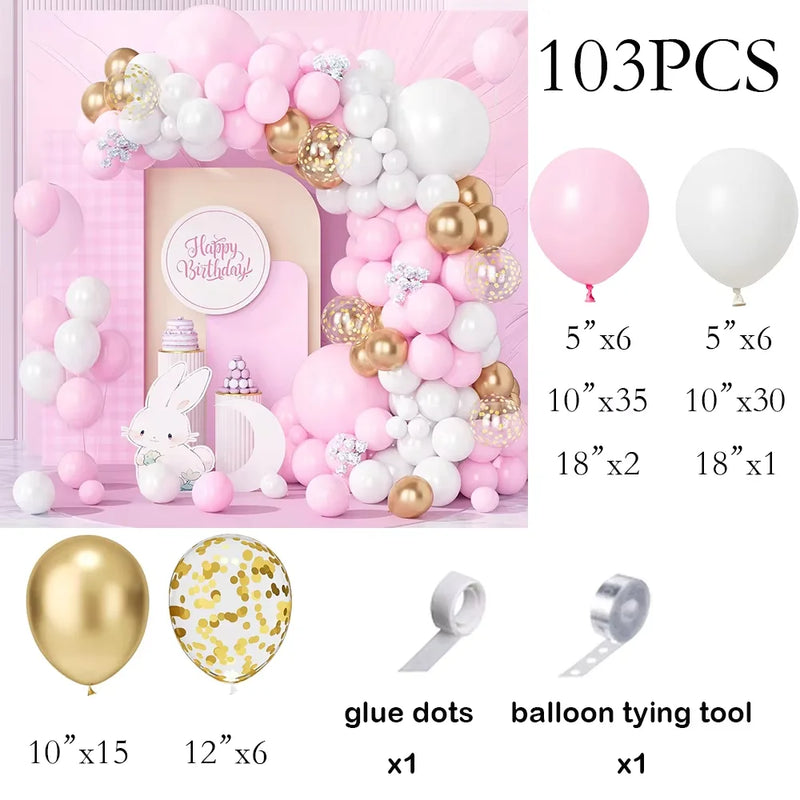 Kit Arche de Ballons Rose Pastel et Blanc, rose, blanc, or et confettis dorés, 103 pièces