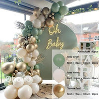 Kit Arche de Ballons Vert Sauge et Sable, vert sauge, blanc sable et or chromé, 90 pièces
