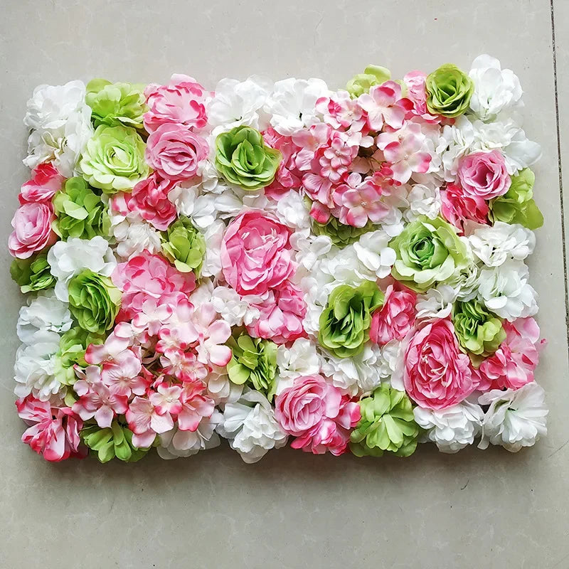 Mur de Fleurs Artificielles, coloris rose, vert et blanc