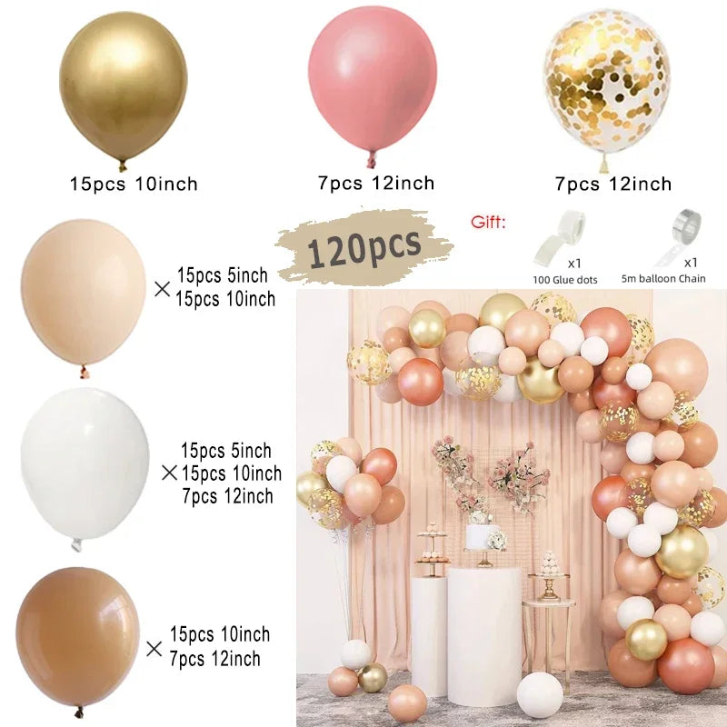 Kit Arche de Ballons Rose Poudré et Nude, 96 à 182 Pièces, nude, blanc, caramel, vieux rose et or, 120 pièces