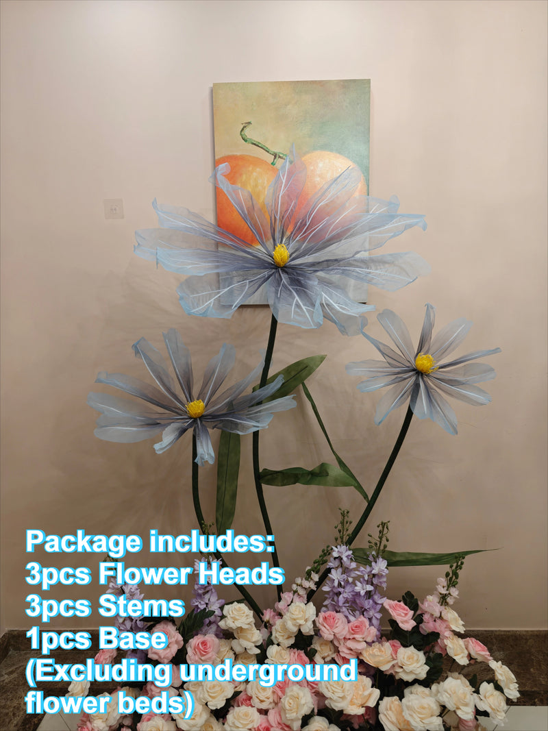 Décoration d'Allée de Mariage, 3 fleurs gris bleuté avec base