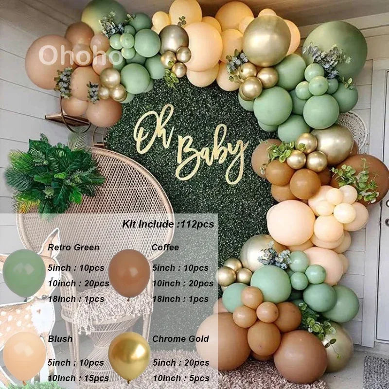 Kit Arche de Ballons Vert Sauge et Sable, vert sauge, café, rose poudré et or chromé, 112 pièces