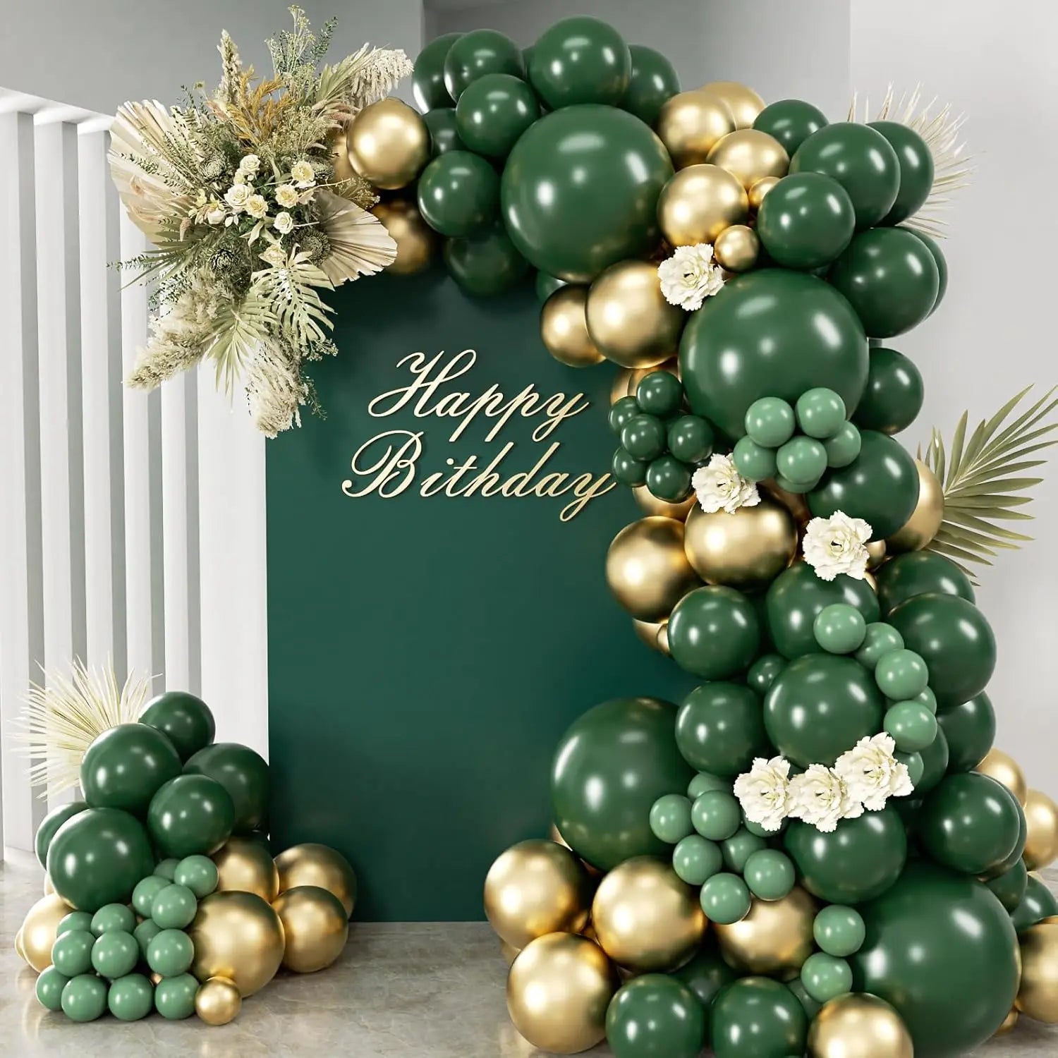 Kit arche de ballons vert foncé, vert sauge et or chromé, 99 ballons