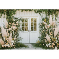 Toile de Fond Florale pour Photocall Mariage, porte blanche, pampa et fleurs jaunes
