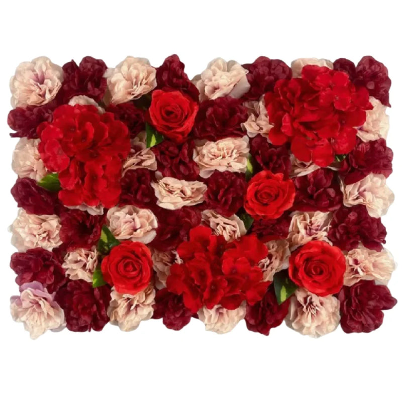 Mur de Fleurs Artificielles, Panneau 60 × 40 cm, coloris rouge, bordeaux et rose nude