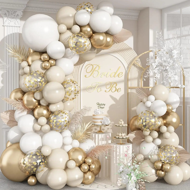 Kit Arche de Ballons Sable, Blanc et Or avec Confettis, vue d'ensemble
