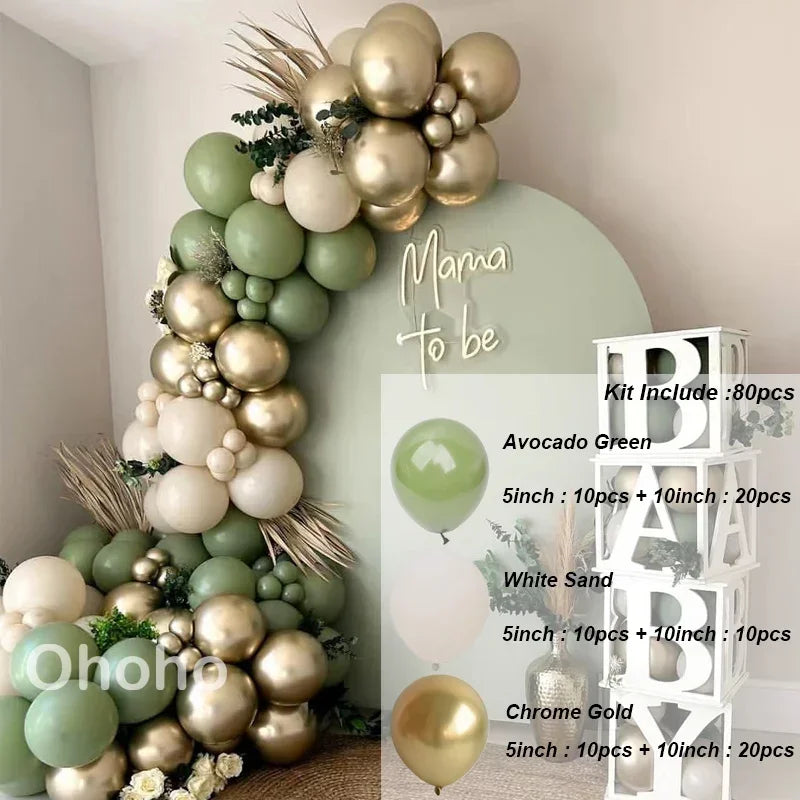 Kit Arche de Ballons Vert Sauge et Sable, vert avocat, blanc sable et or chromé, 80 pièces