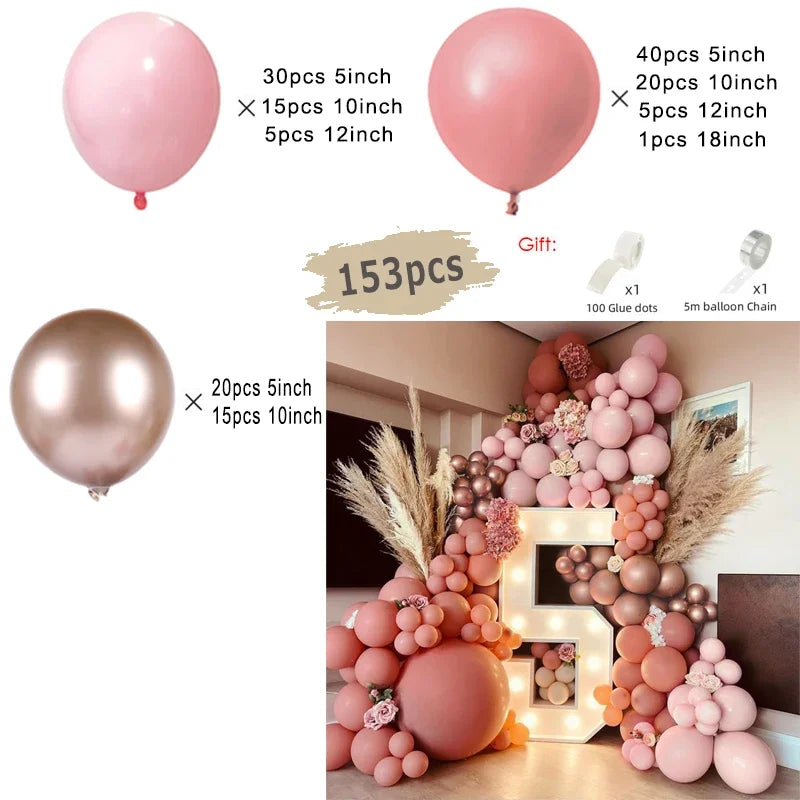 Kit Arche de Ballons Rose Poudré et Nude, 96 à 182 Pièces, rose pâle, vieux rose et cuivre rosé, 153 pièces