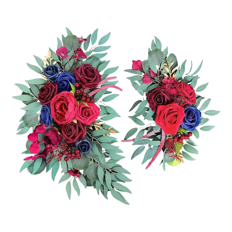 Paire de Compositions Florales pour Arche de Mariage, coloris bordeaux, bleu marine et fuchsia