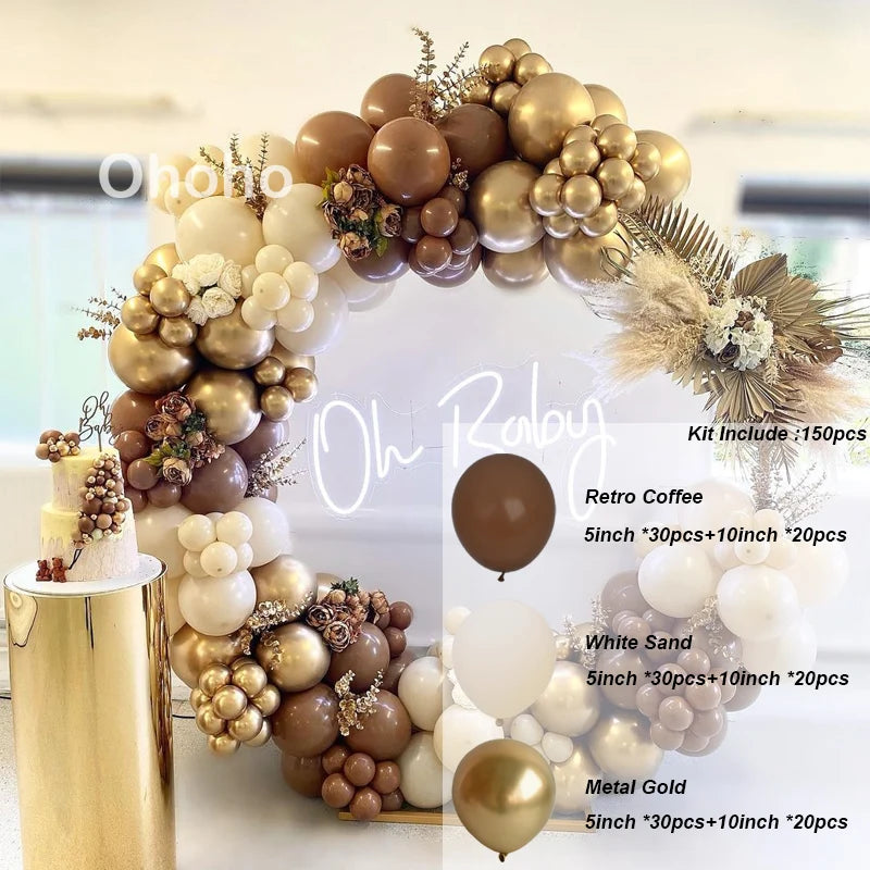 Kit Arche de Ballons Blanc Sable et Beige, café, blanc sable et or métallisé, 150 pièces