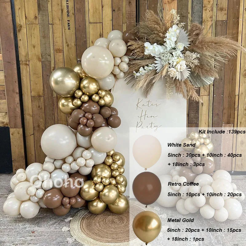 Kit Arche de Ballons Blanc Sable et Beige, blanc sable, café et or métallisé, 139 pièces