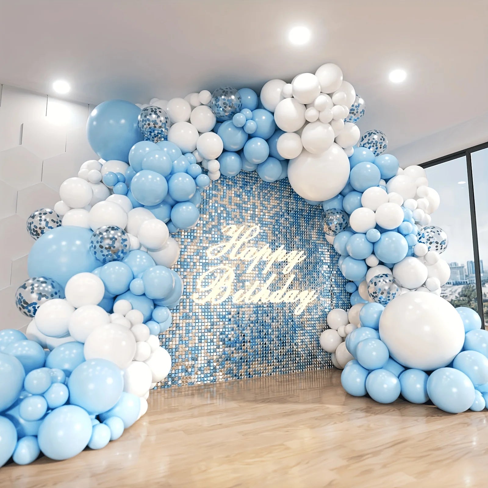 Kit arche de ballons bleu clair et blanc avec confettis, 136 pièces