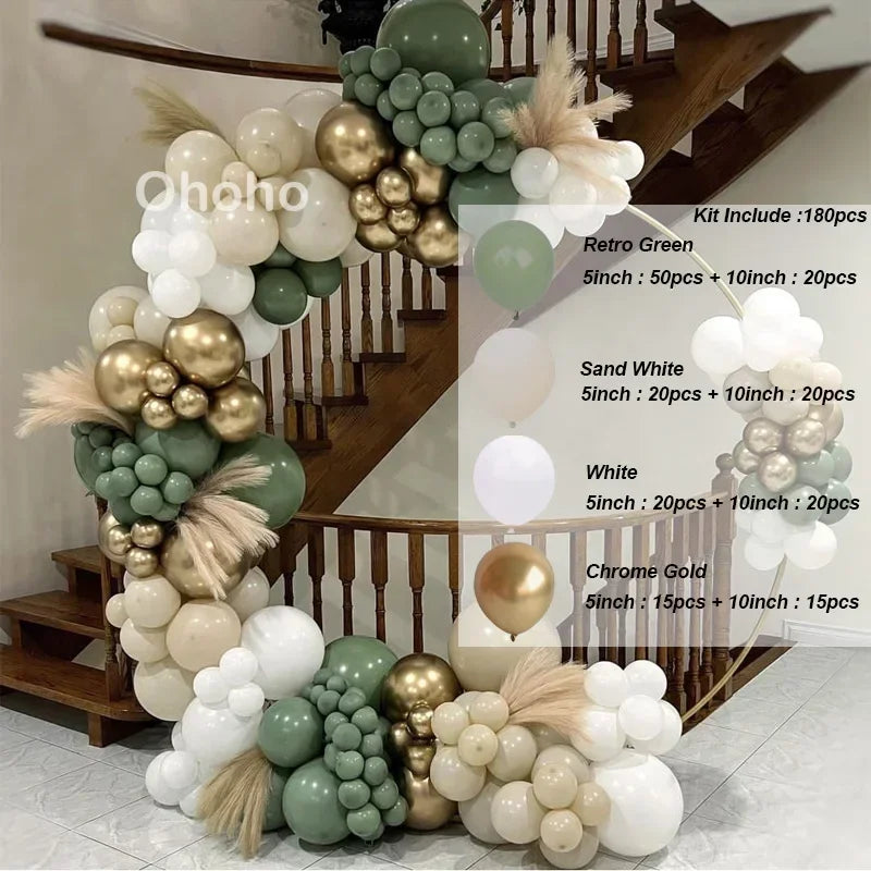 Kit Arche de Ballons Vert Sauge et Sable, vert sauge, blanc sable, blanc et or chromé, 180 pièces