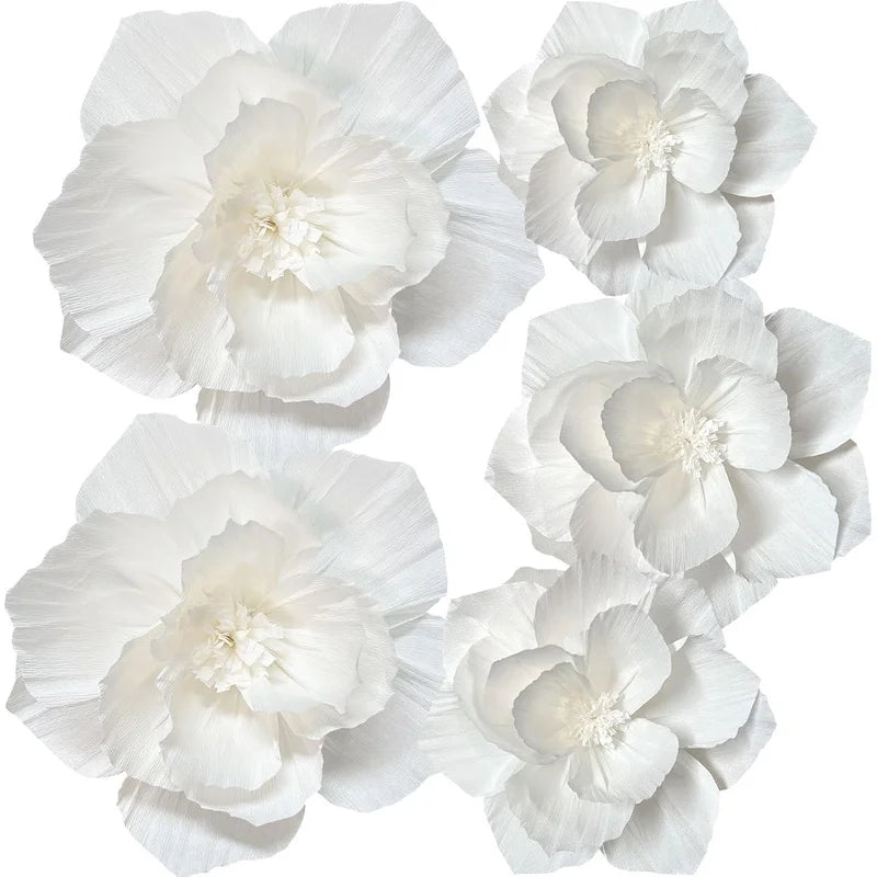 Mur de Fleurs en Papier Blanc, Fleurs 3D de 20 à 30 cm, vue d'ensemble