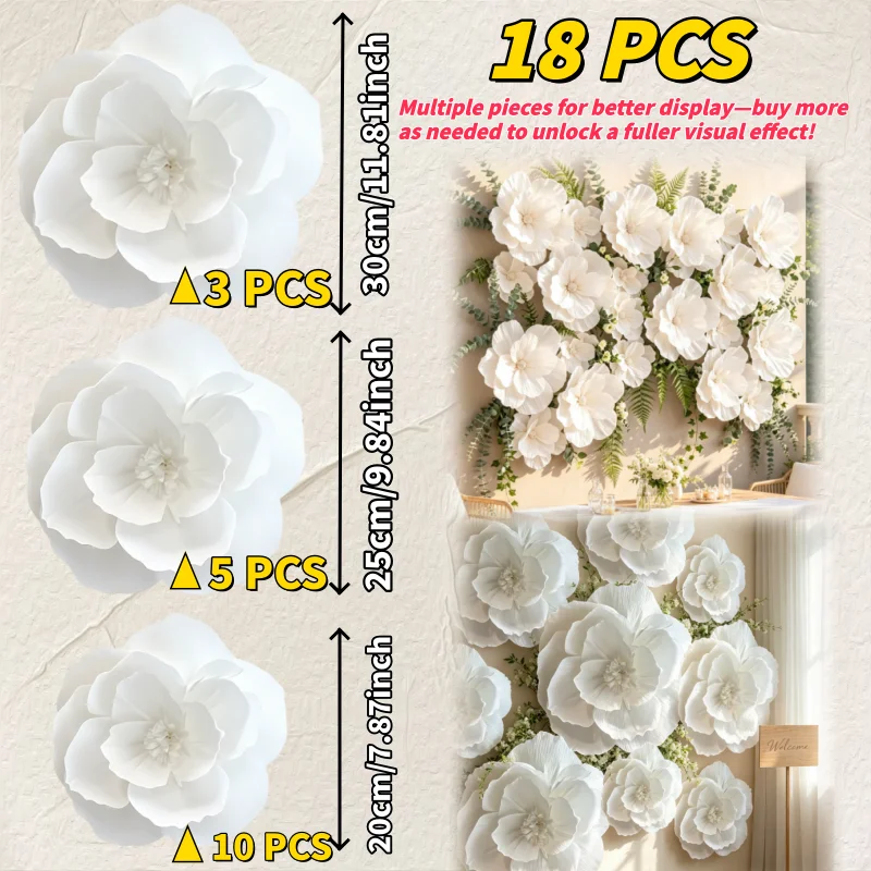 Mur de Fleurs en Papier Blanc, Fleurs 3D de 20 à 30 cm, 18 fleurs (3 de 30 cm, 5 de 25 cm, 10 de 20 cm)