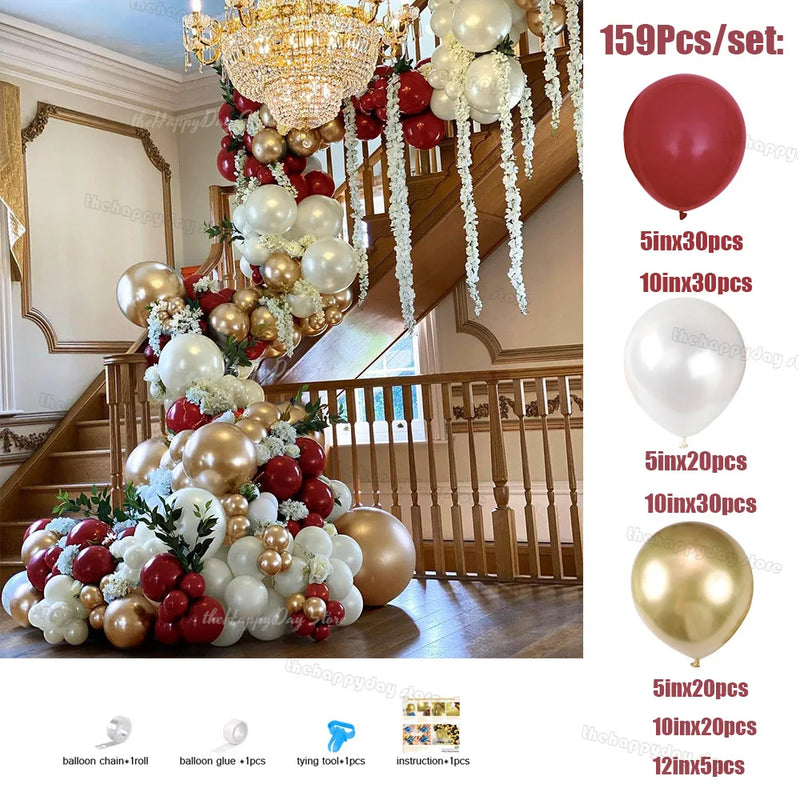 Kit Arche de Ballons Bordeaux et Or, 159 pièces, bordeaux, blanc perlé et or
