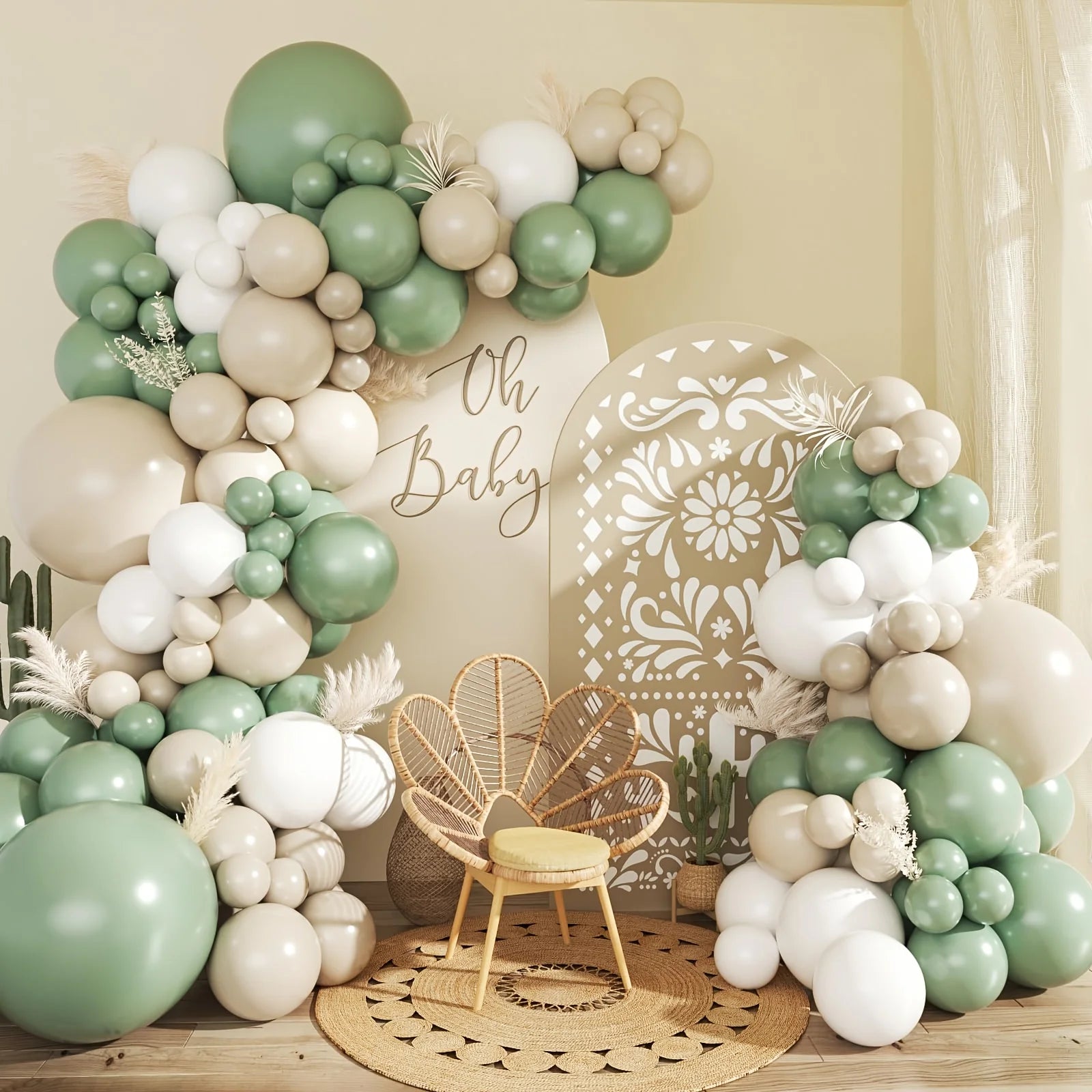 Kit Arche de Ballons Vert Sauge, Sable et Blanc, 120 Pièces, vue d'ensemble