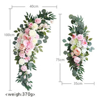 Compositions florales et voilages rustiques pour arche de mariage, article fleurs roses, eucalyptus
