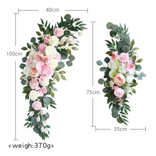 Compositions florales et voilages rustiques pour arche de mariage, article fleurs roses, eucalyptus