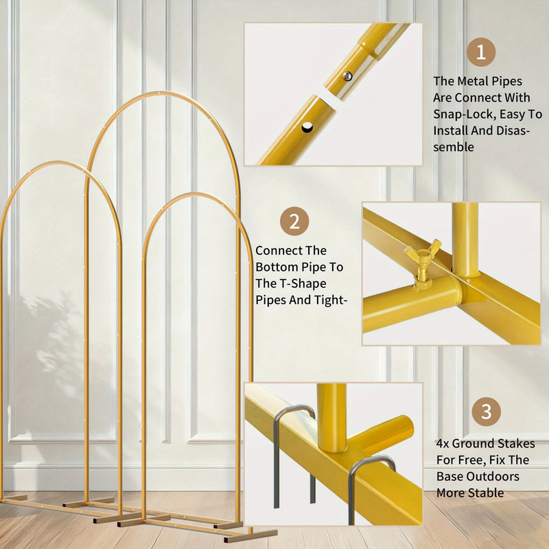 Arche de Mariage Dorée en Métal, Lot de 3 Arches Cintrées