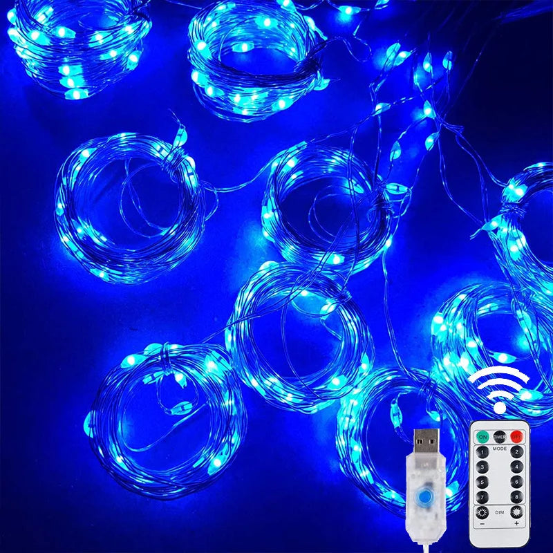 Rideau Lumineux LED Fil de Cuivre Argenté USB, coloris bleu