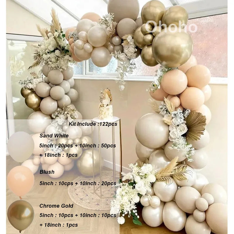 Kit Arche de Ballons Blanc Sable et Beige, blanc sable, rose poudré et or chromé, 122 pièces