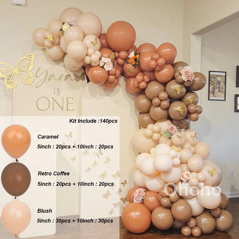 Kit Arche de Ballons Blanc Sable et Beige, caramel, café et rose poudré, 140 pièces