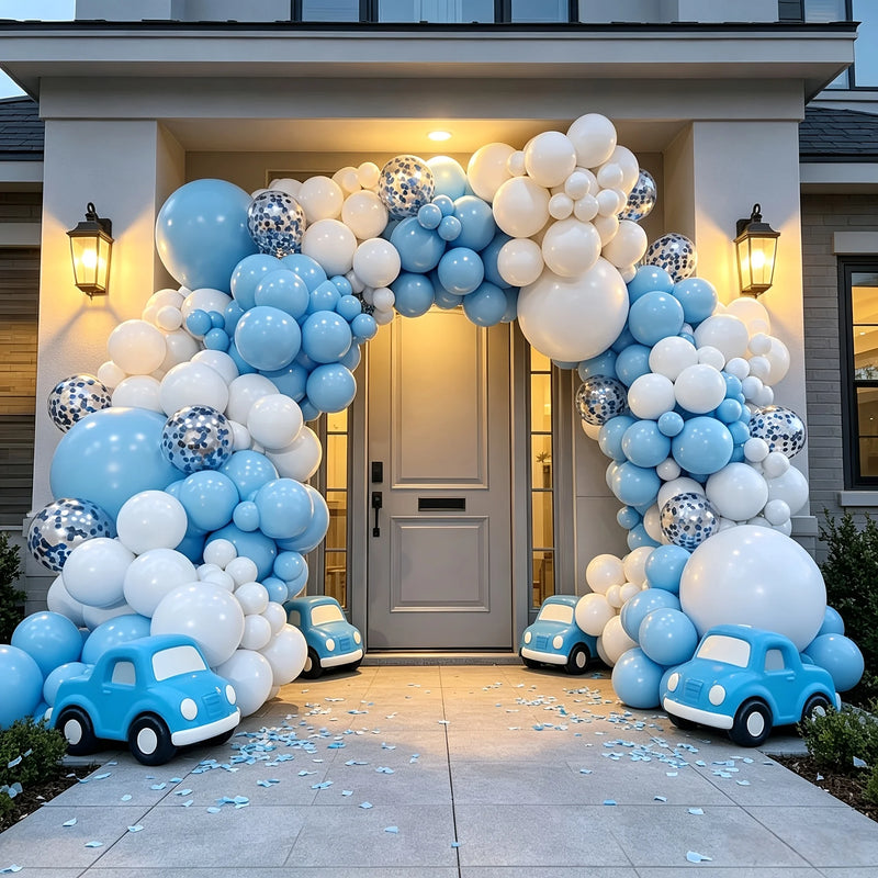 Kit arche de ballons bleu clair et blanc avec confettis, kit complet pour décoration de fête