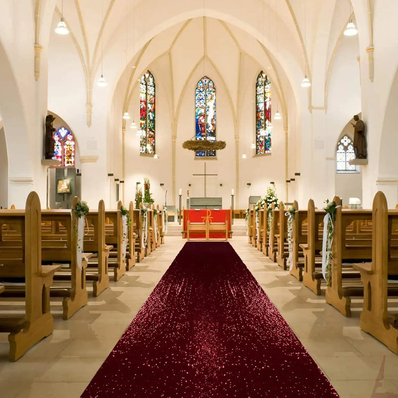 Tapis d'allée de mariage à paillettes, couleur rouge bordeaux