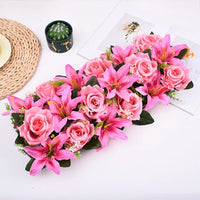 Mur de Fleurs Artificielles, Rangée de Roses et Lys, coloris rose et fuchsia