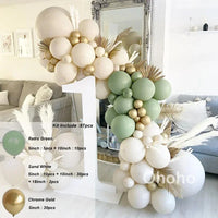 Kit Arche de Ballons Vert Sauge et Sable, vert sauge, blanc sable et or chromé, 87 pièces