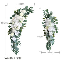 Compositions florales et voilages rustiques pour arche de mariage, article fleurs blanches, eucalyptus